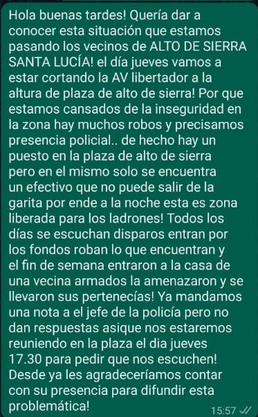 Vecinos se concentran ante la inseguridad en Alto de Sierra