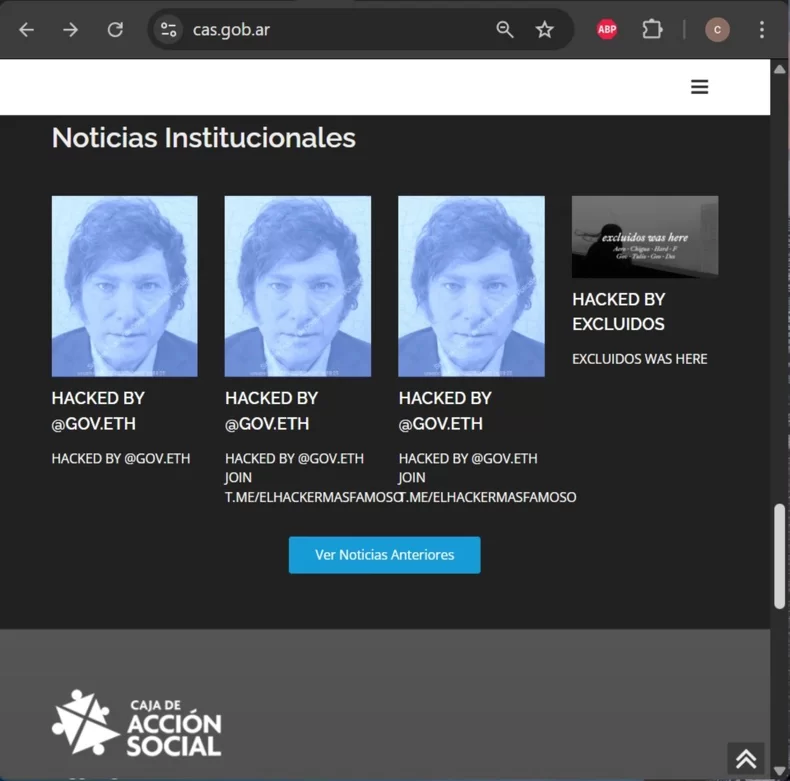 Hackearon la página oficial de la Caja de Acción Social con mensajes ofensivos y la imagen de Milei